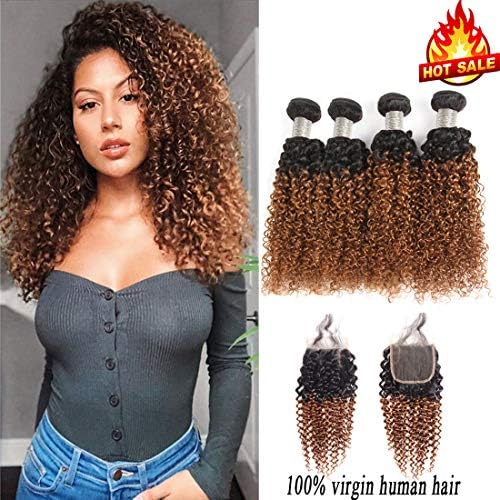 Jiuling 2 Tone Ombre Kinky Curly 4 Bundles with Closure 100% Unprocessed Virgin Human Hair (18182020+12,1B/30) Wet and Wavy Ombre Brazilian Kinky Curly Human Hair Weaves