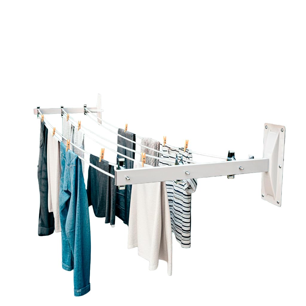 Amig - Side Wall-Mounted Clothes Airer Mod. 3-2-Arm Clothes Line with 6 Stainless Steel Pulleys - For 3 Lines - Steel with Epoxy Coating - Outdoor Use - 450 mm - Fixing Accessories - White Colour