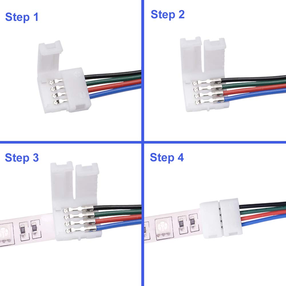 FICBOX 5050 4Pin LED Strip Connector Kit - 32.8FT/10M RGB Extension Cable, Strip to Strip Jumpers, Strip to RGB Controller & Adapter Jumpers, L Shape & Gapless Connectors, LED Strip Fixing Clips