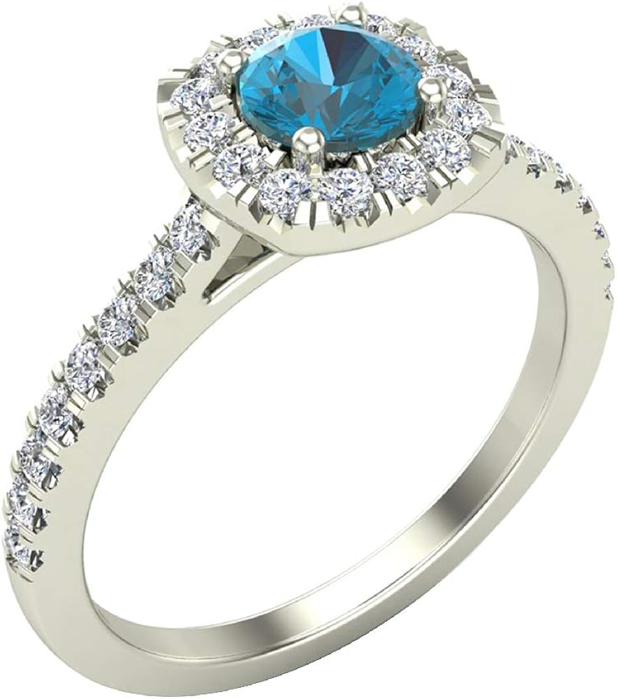 Blue Diamond Engagement Ring Round Cut Blue Diamond Cushion Halo Rings 0.75 carat (F