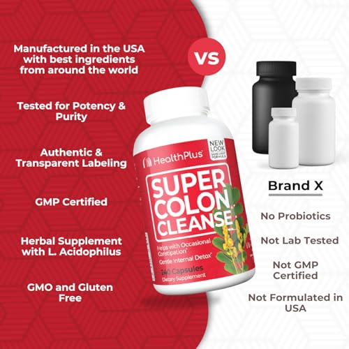 Health Plus Super Colon Cleanse 60 Day Supply of Gentle Gut Cleanse Detox, Psyllium Husk, Probiotics for Constipation Relief & Digestive Support, 240 Capsules