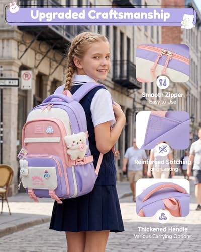 Tanou Girls' School Backpacks, 20 Litres Backpack for Girls from 8 to 12 Years | Lightweight and Waterproof Nylon Kawaii School Backpack with Pendant, Purple
