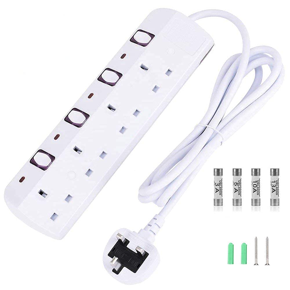 TISDLIP Extension Lead 4 Way Switches Plug Extension with 1.8M/5.9FT Cable, Multi Socket Home Electronics, Mountable Power Strip, White