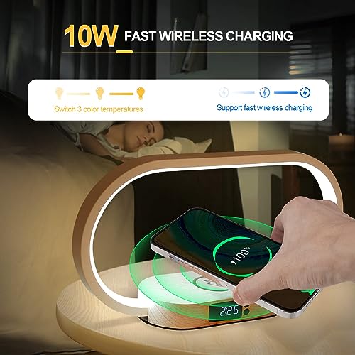 TERRIFI Bedside Lamp with Wireless Charger, LED Desk Lamp with USB Port, Touch Control Table Lamp with Clock, Ideal for Bedroom Nightstand, Dimmable & 3 Colors Temperatures, Modern Home Office Decor