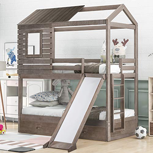 House Bunk Beds, Wood Bunk Beds with Roof and Guardrail for Kids, No