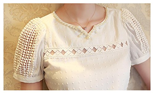YANG-YI Women Lace Short Sleeve Shirt V Neck Doll Chiffon Blouse Sweet Sytle Tops (2XL, White) - Thumbnail 4