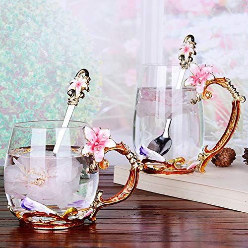 Tea Cup Coffee Mug Cups, Lily Flower Glass Tea Cup, Unique Personalized Birthday Present Ideas for Women Grandma Mom Teachers Hot Beverages 12OZ Pink