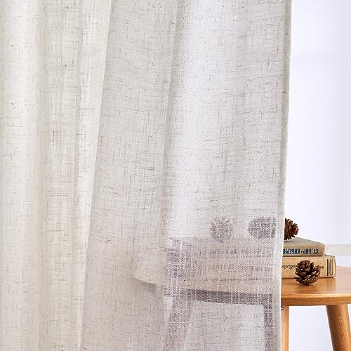 Woaboy Linen Curtains with Frunction Tape Curtains Bedroom Window Translucent Modern Curtains for Living Room Bedroom 2 Pieces 140 x 260 cm White Bleached