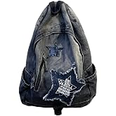 Yopztsnse Denim Backpack Y2K Aesthetic Womens College Bookbags Grunge Patchwork Backpack Rucksack Carry Bag (Black)