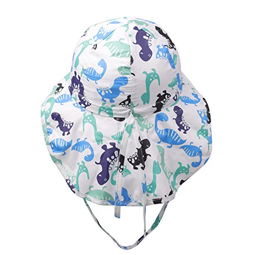 Flammi Baby/Toddler Flap Sun Hat with Chin Strap Adjustable Cartoon Dinosaur Printed Hat Cap Sun Protective Swim Hat (6-12 Months, White)