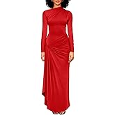 YMDUCH Women's Casual Long Sleeve Boat Neck High Split Ruched Bodycon Long Formal Dress