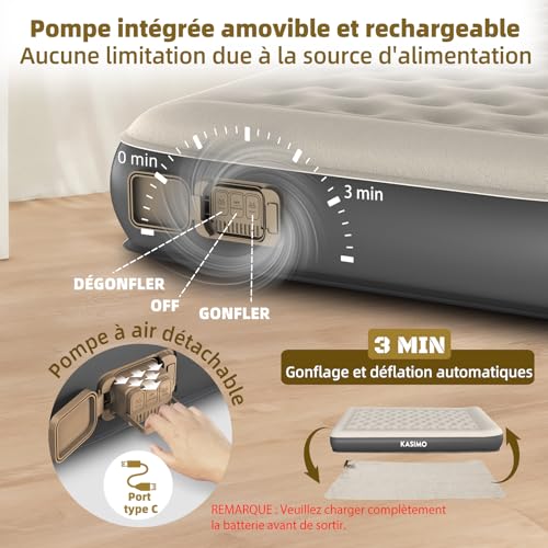 KASIMO 2 Person Inflatable Mattress, Built-in Wireless Electric Pump, TPU Material Inflatable Mattress, Quick Inflating 3 Min, Inflatable Bed 150 x 190 x 22 cm for Camping and Guests