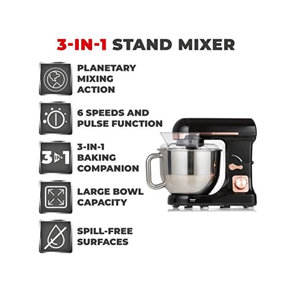 Tower T12033RG 3-in-1 5L Stand Mixer with 6 Speeds and Pulse Setting, 1000W, Rose Gold