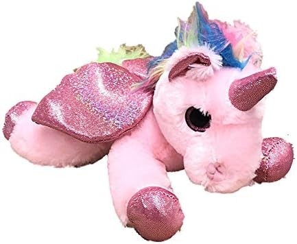 Plush Laying Unicorn With Rainbow Hair and Glitter Wings Pink
