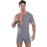 Landofgenie Mens Short Sleeve Onesie Bodysuit Henley Jumpsuit One Piece Pajamas Rompers