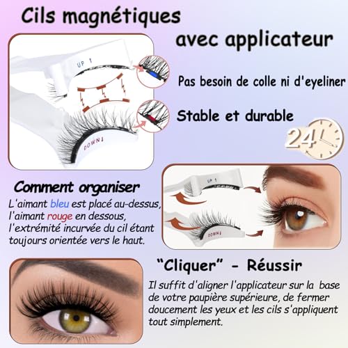 Chlffua Kit de Faux Cils Magnétiques Rose, Faux Cils au Look Naturel avec Applicateur, Demi-Cils et Cils Complets, Réutilisables, Sans Colle