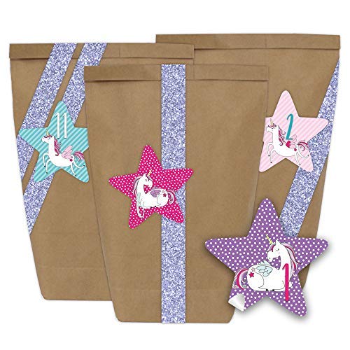 Papierdrachen Advent calendar for you to craft for yourself - unicorn design - 24 paper bags with stickers and glitter washi tape - Christmas 2018