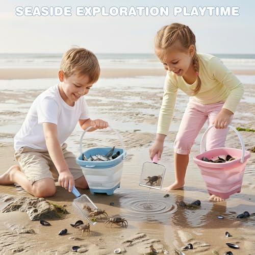 Dreamon Beach Sand Toys 3 Set Collapsible Bucket and Spade Beach Set Kids with Sand Sifters Beach Shovel Rakes Seashell Bag Outdoor Toys for Children Toddlers 3 4 5 Years Old