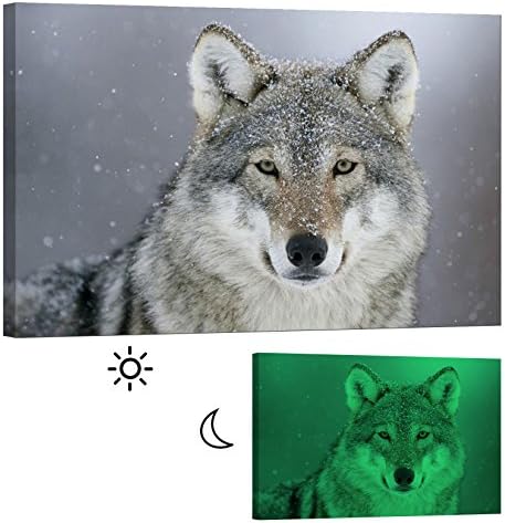 Glow in the Dark Canvas Painting - Stretched and Framed Giclee Wall Art Print - Animals Nature Gray Wolf - Master Bedroom Living Room Decor - 36 x 24 inch