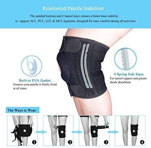 Privfit Knee Open Patella Support,Running,workout Injury Recovery Arthritic,knee pain (4 Metal Spring Stabilizer With Anti-Slip Silicon System and 3 Way Adjustable Strap) -free size pack one