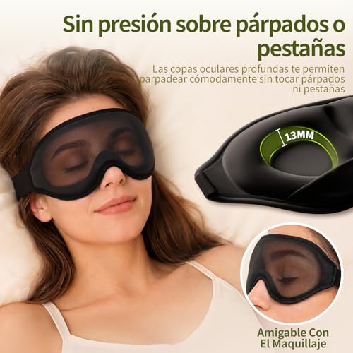 WakeSpring 3D Antifaz para Dormir, Copas Profundas Sin Presión en los Ojos, Correa Ajustable, Tela Suave y Transpirable, con Bolsa de Viaje y Tapones para Oídos, Set de Viaje