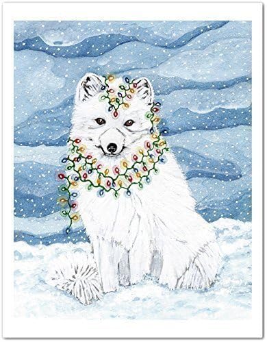 Christmas Arctic Fox Watercolor Art Print 8 x 10, Unframed