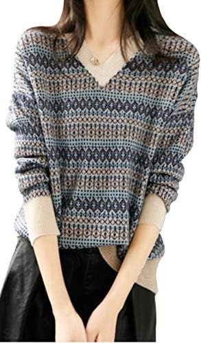San Brose Women’s Soft Knit Sweater, V-Neck, Fashion Geometric Pattern, Top, Autumn, Winter