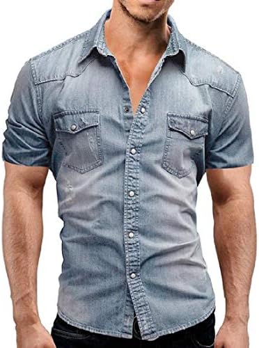 GRMO Men Short Sleeve Slim Fit Button Down Pocket Front Summer Denim Work Western Shirt