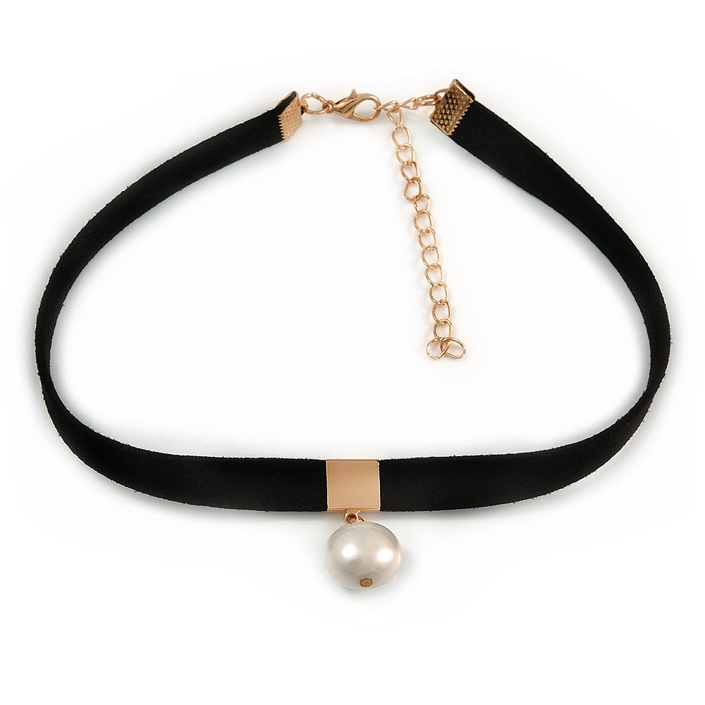 Avalaya Black Faux Suede Choker Necklace with Freshwater Pearl Bead/ 15mm Pendant/ 30cm L/ 7cm Ext