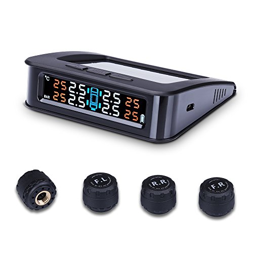 Jansite TPMS Tire Pressure Gauge Monitoring System Solar Support, Universal Wireless with 4 DIY External Sensors, Real-time Displays 4 Tires' Pressure and Temperature