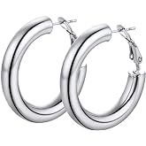Stainless Steel Chunky Hoop Earrings For Women, Minimalist and Chic, Black/Gold Plated, Round Hoops Earrings Hypoallergenic, Size: 30mm/40mm/60mm/80mm, Come with Box