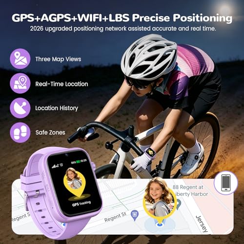 SWGOTA Children's Smartwatch, 4G Smart Watch Phone & GPS, Voice Chat/WhatsApp/SOS/SMS/WiFi/IP68 Waterproof/School Mode/5 Sports/Pedometer, Smart Watch Boys/Girls Purple, Gift