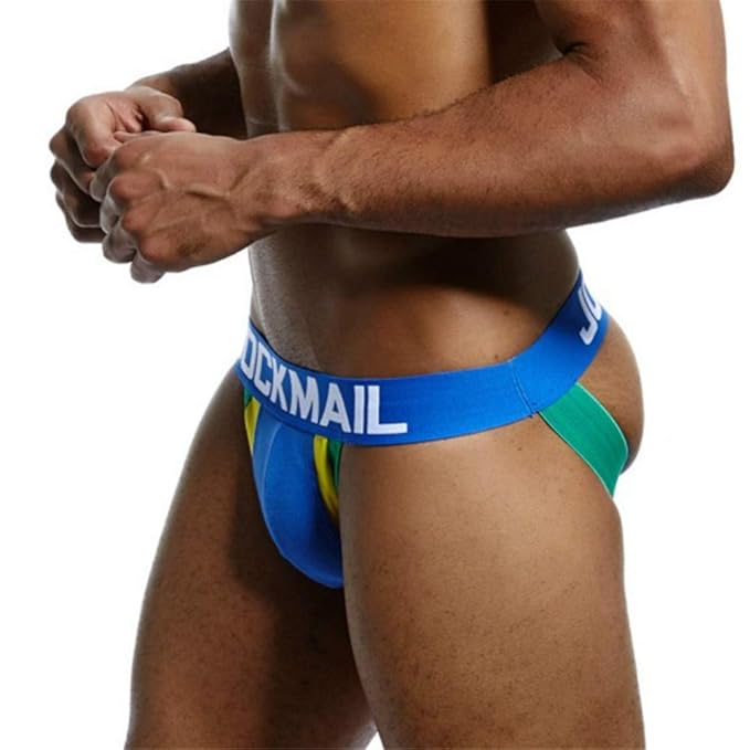 JOCKMAIL Sexy Men Underwear Thong Jockstrap Breathable Cotton Jock Strap String Gay Underwear (XL, Blue)