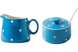 CHOOLD Chic Polka Dot Ceramic Sugar and Creamer Set with Spoon Creamer Serving Set for Coffee and Tea(Pink/Blue/Yellow)