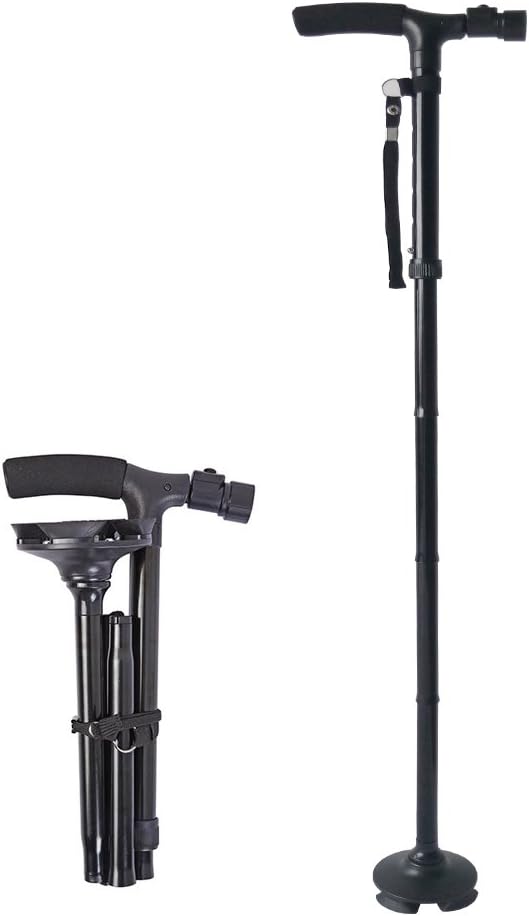 Feibrand Safety Walking Stick Folding Adjustable Aluminium Alloy Pole Cane Non Slip with LED Light Black