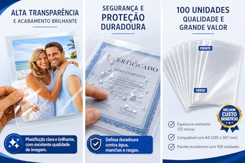 200 Folhas Plástico Para Plastificação A4 125mic 220x307mm