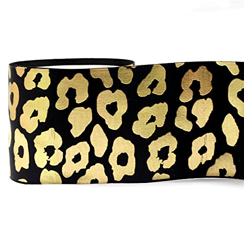 mdribbons Gold Cheetah Leopard Print Foil Ribbon-3 Inches 10 Yards Pack- Cheerleading Bow Making Supplies, Decoration Grosgrain Ribbon-Black Color