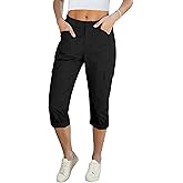 LookbookStore Capri Pants for Women High Waisted Cargo Casual Elastic Waist Rolled Hem Summer Capris Pants with Pockets