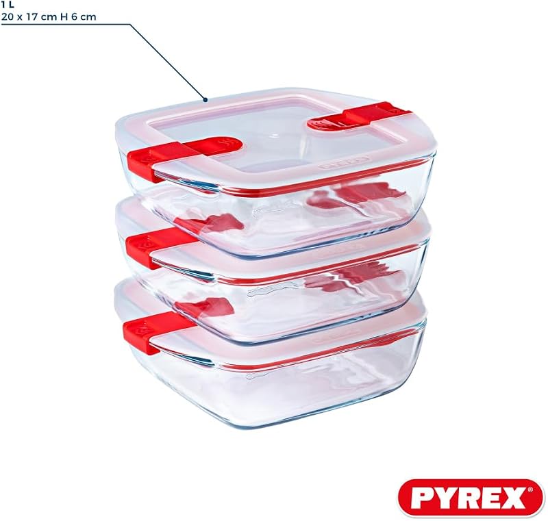 Cook & Heat - Lot de 3 Boites Carrées Identiques - 1L - Verre Borosilicate - LunchBox - Couvercle Hérmétique spécial Micro-Onde - Made in France