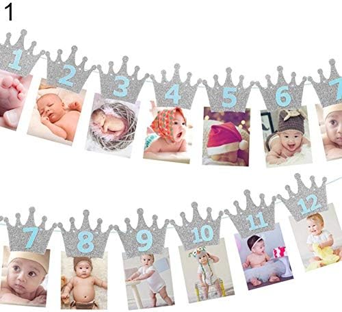 periwinkLuQ 1st Baby Birthday Party Glitter Crown Monthly Photo Banner 1-12 Months Garland - 1#