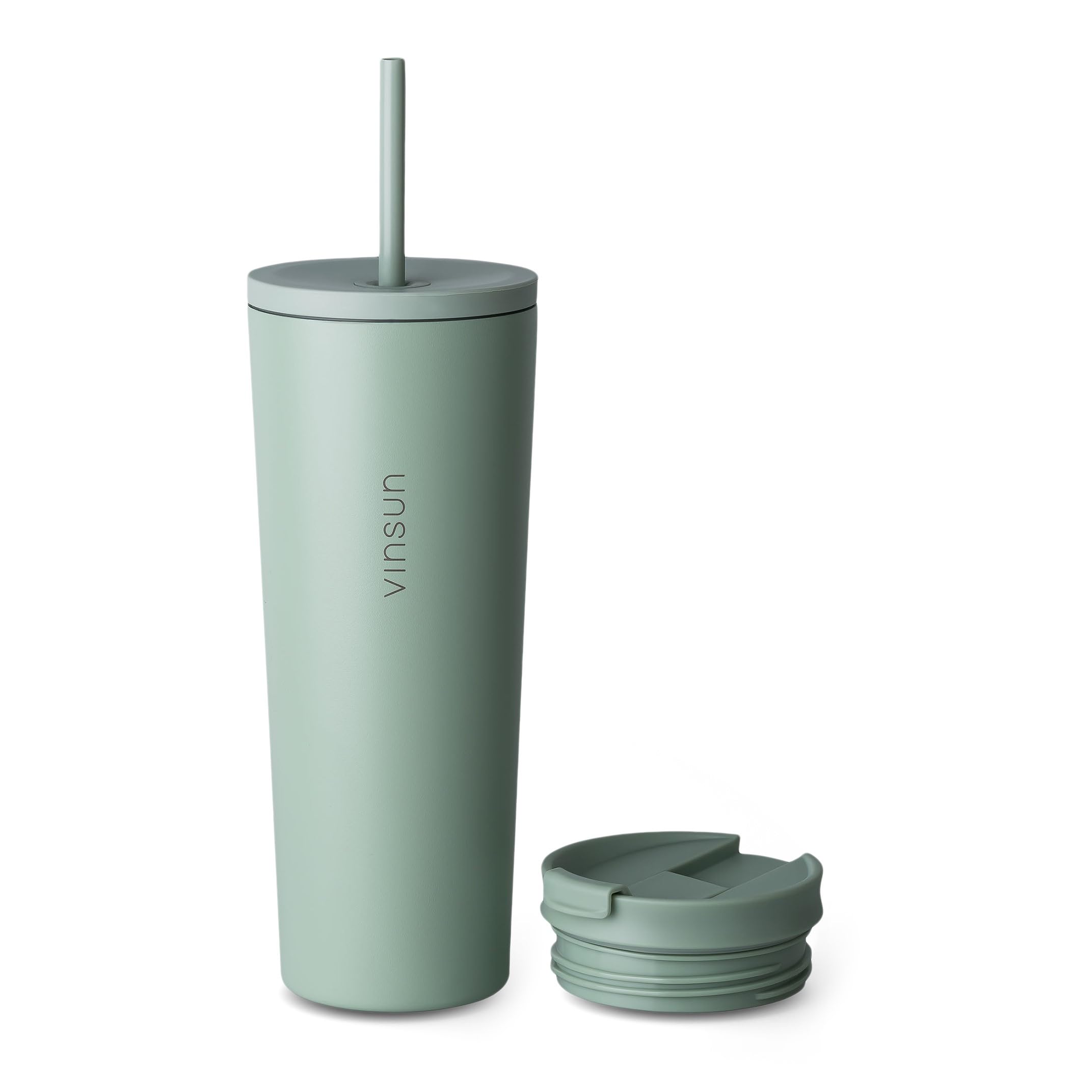 VINSUN Travel Mug with Straw 720ml - Stainless Steel Thermal Mug, Leakproof, Double-Walled Insulated - Green Tumbler with Straw and Lid for Hot & Cold Drinks