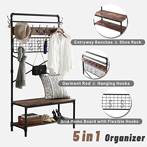 Industrial Hall Tree Shoe Bench, 5 in 1 Entryway Coat Rack