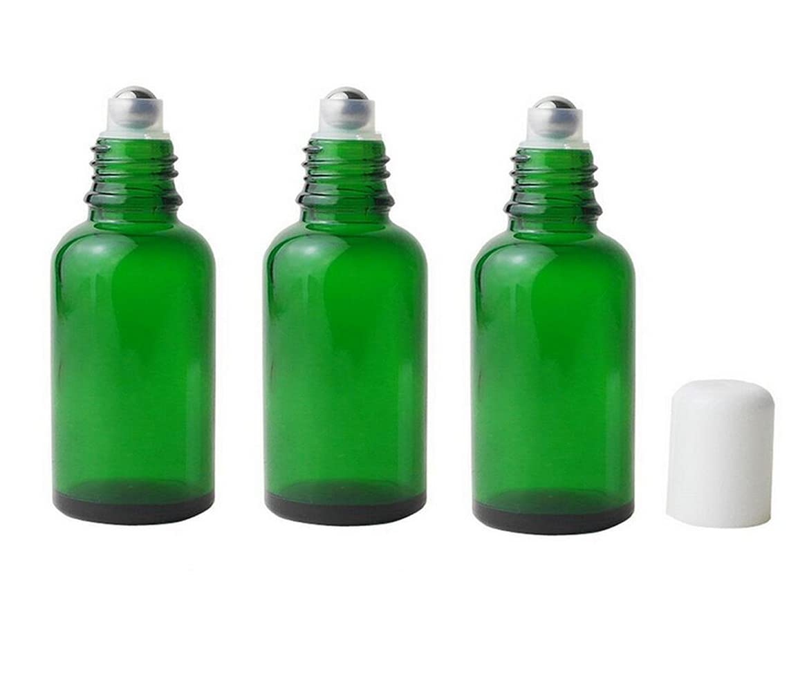 VASANA 3PCS 50ml Empty Refillable Green Glass Essential Oil Roll On Bottles Cosmetic Sample Packing Jars Pots with Metal Roller Ball And White Cap For Essential Oil Perfume