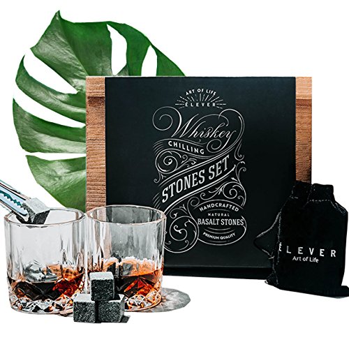 Whiskey Glasses and Stones Gift Set - Luxury Drink Kit with Premium Basalt Chilling Rocks (8 cubes), Glasses of 2, Tongs, Velvet bag in Exclusive Wood Decor Box - for wine, bourbon, scotch - by ÉLEVER