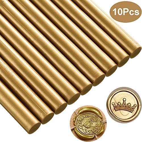 Ylinova Sealing Wax Sticks, 10 Pcs Glue Gun Sealing Wax for Retro Vintage Wax Seal Stamp, Great for Wedding Invitations, Cards Letter Envelopes, Snail Mails, Wine Packages, Gift Ideas (Gold)
