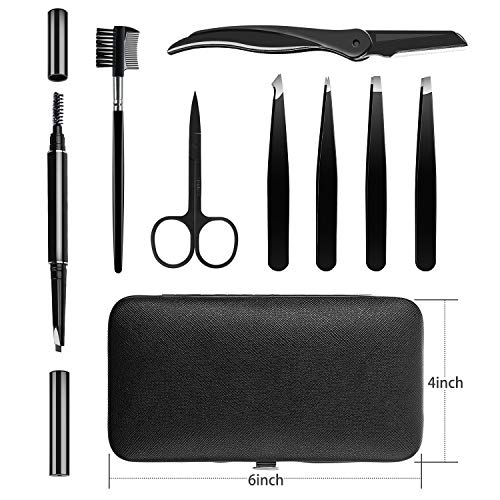 HOCOSY Eyebrow Kit, 8 in 1 Tweezers for Eyebrows, Professional Eyebrow Grooming Set include Stainless Steel Eyebrow Razor Eyebrow Brush Eyebrow Scissors Brown Eyebrow Pen with Travel Case