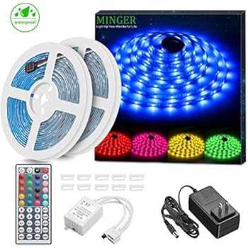 MINGER LED Strip Lights Kit, Waterproof 32.8ft 5050 RGB 300led Strips Lighting Flexible Color Changing Rope Lights with 44 Key IR Remote Ideal for Room, Home, Kitchen, Party, DC 12V/3A UL Listed