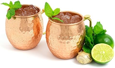 KOLDD 100 % Pure Solid Moscow Mule Copper Mugs - 16 oz Set of 2 Hammered - Hand Crafted Unlined Barrel Cup