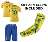 JerzeHero Brazil Neymar Jr #10 Youth 3 in 1 Soccer Gift Set ✓ Soccer Jersey ✓ Shorts ✓ Compression Arm Sleeve ✓ Home or Away ✓ Short Sleeve or Long Sleeve (YM 8-10 yrs, Home Short Sleeve)