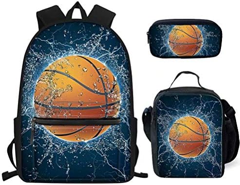 Basketball Pattern Boys Bookbags Primary Student Set Picnic Food Bags Pencil Storage 3PCS